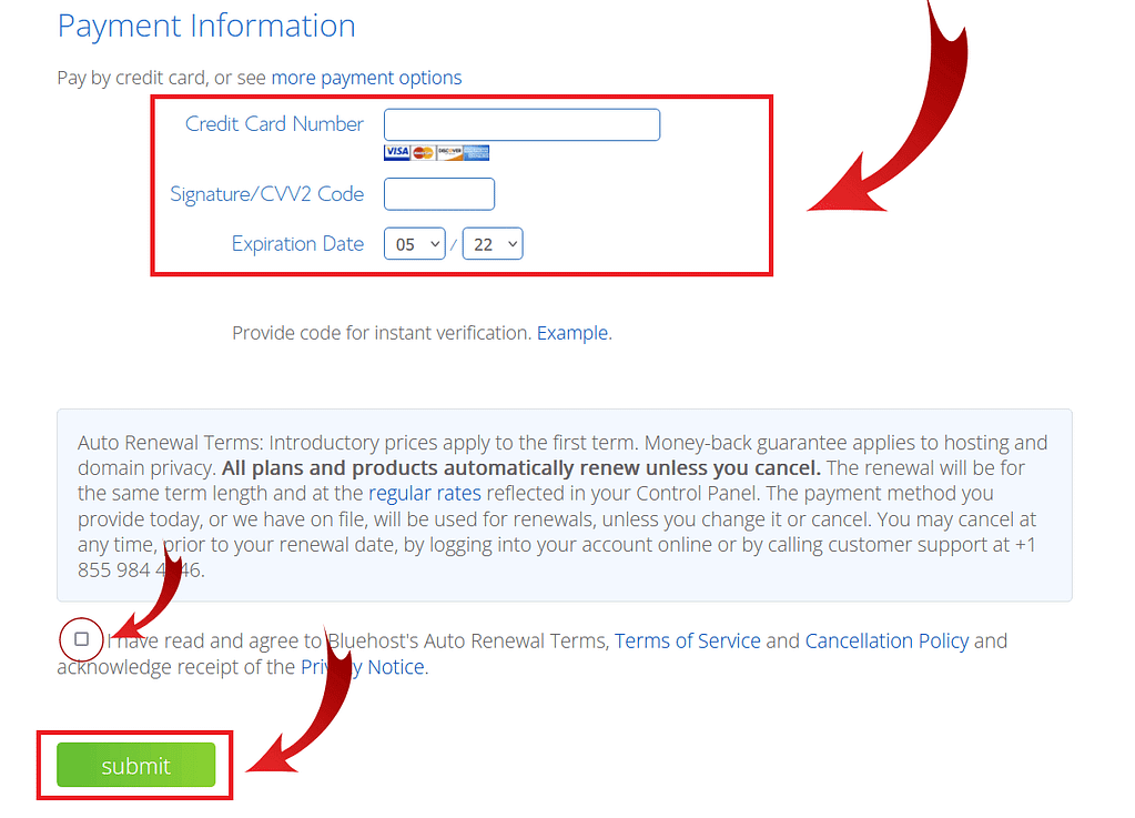 inter your billing information